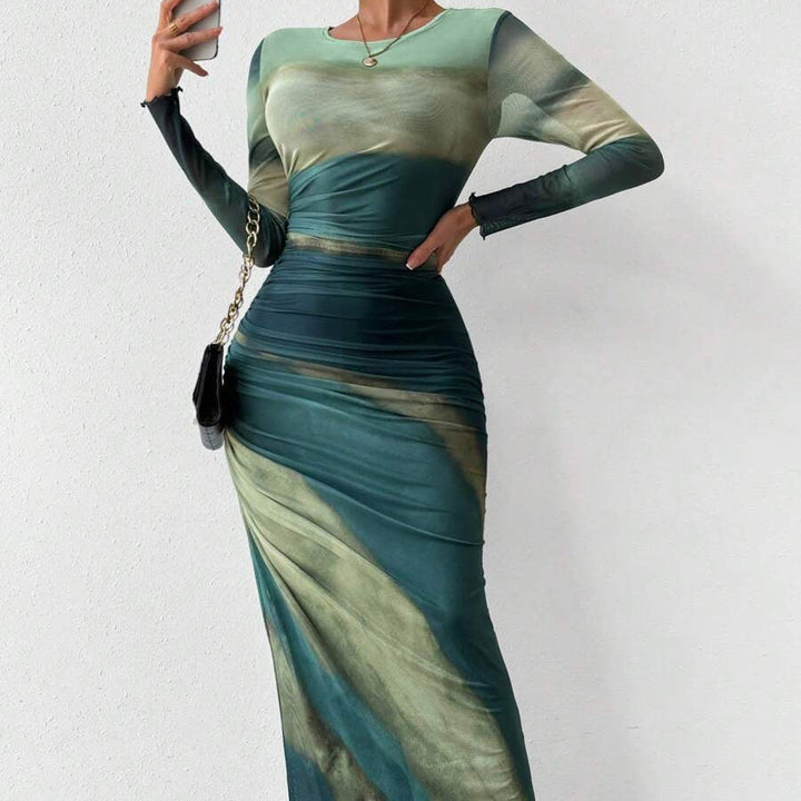 TORINA™ - Comfy Printed Long Sleeve Round Neck Bodycon Maxi Dress