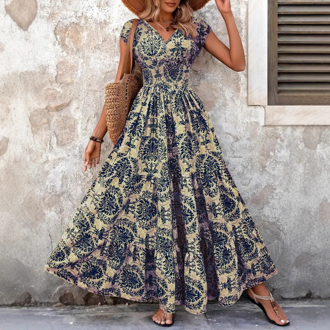 SARKI - Chic Summer V-Neck Shirred Boho Dress